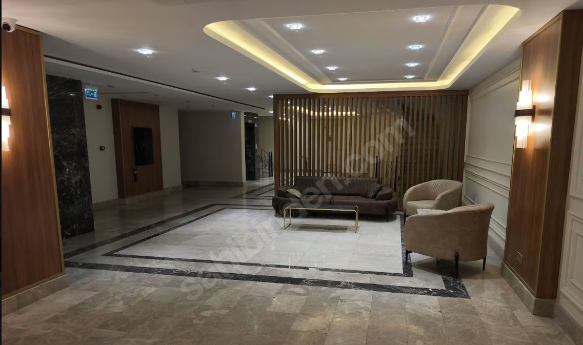 Marble lobby with lounge seating